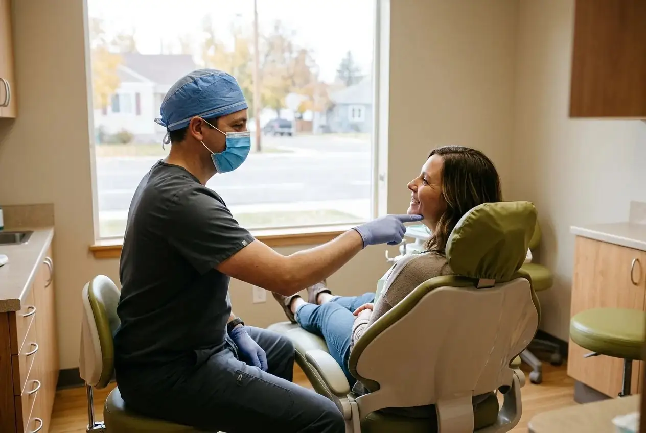 A dentist in scrubs and gloves examines a patient's chin in a dental chair.
