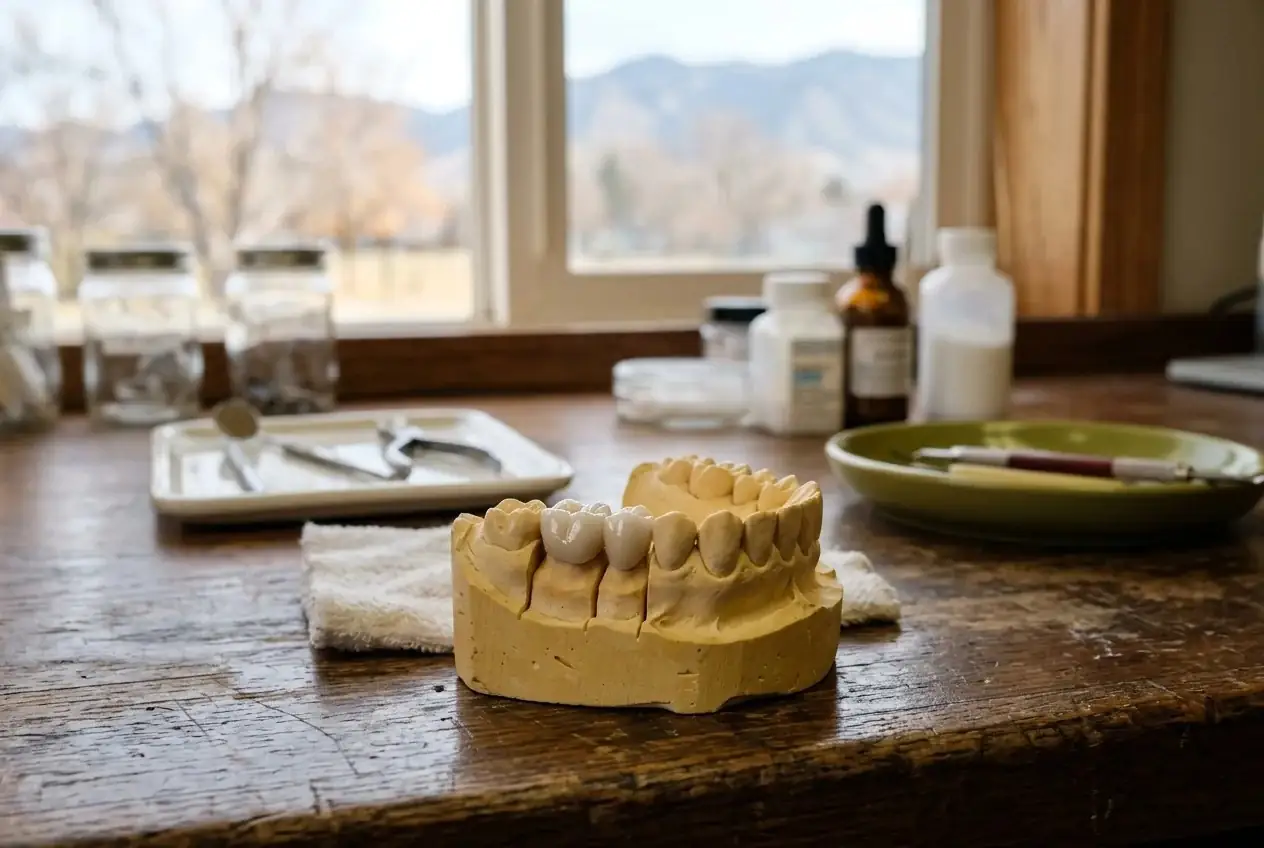 Dental cast with a porcelain bridge on a wooden workbench with dental tools in the background.
