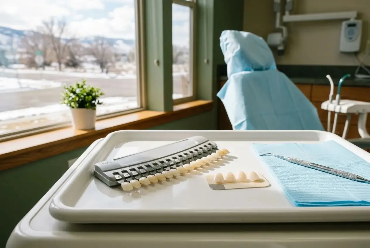 Tooth shade guide and dental veneer samples on a tray in an exam room by a window.